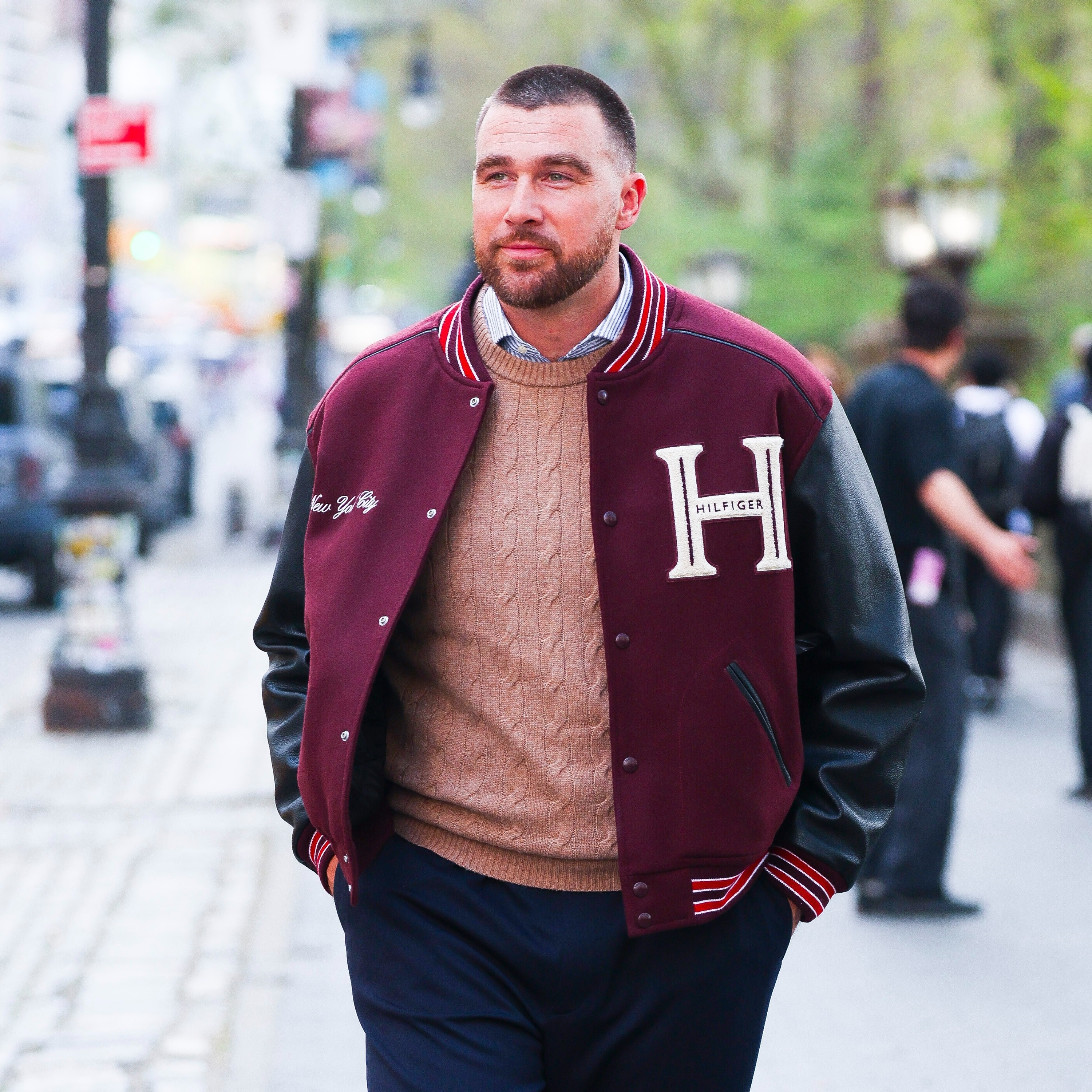 Travis Kelce shooting a Tommy Hilfiger campaign in NYC