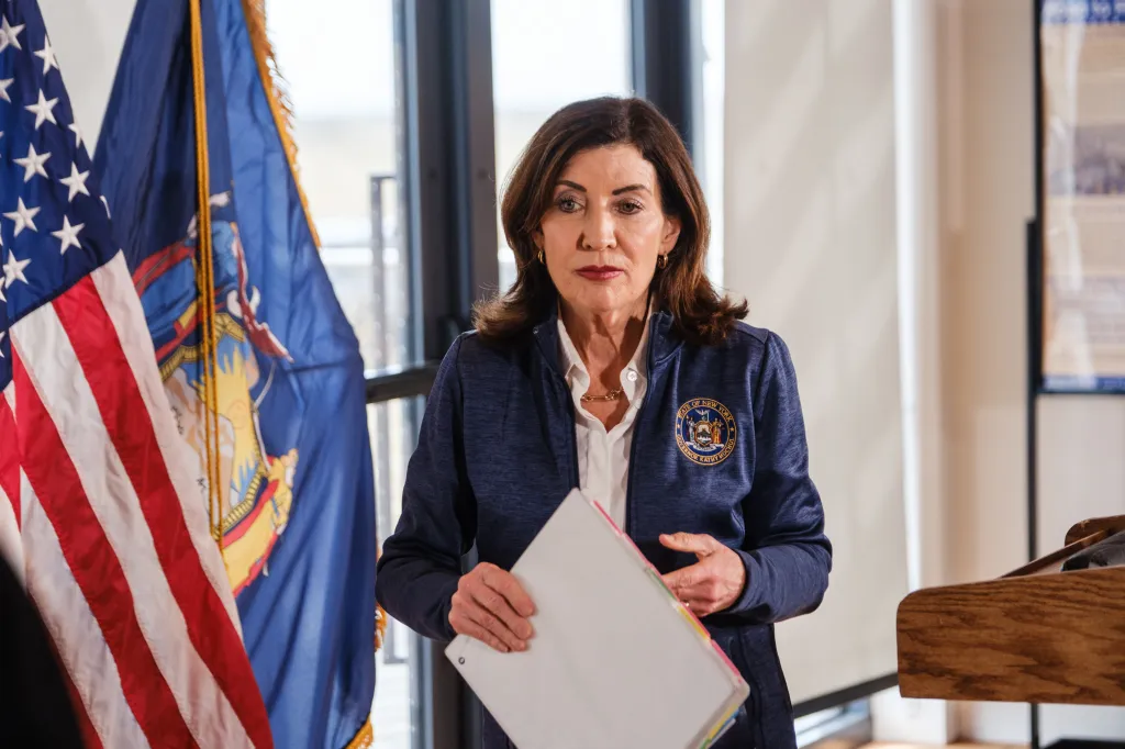 New York Governor Kathy Hochul speaking at a press conference.