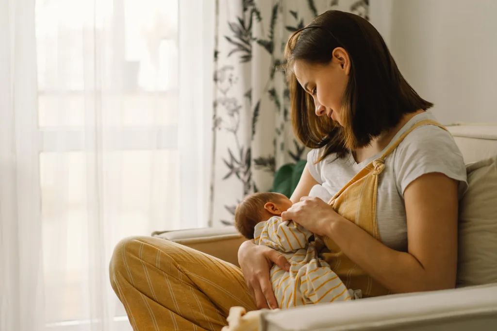 A mother breastfeeding her newborn baby.