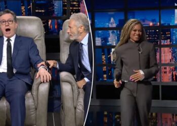 Jon Stewart surprises Stephen Colbert with a surprise serenade from Andra Day