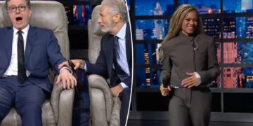 Jon Stewart surprises Stephen Colbert with a surprise serenade from Andra Day