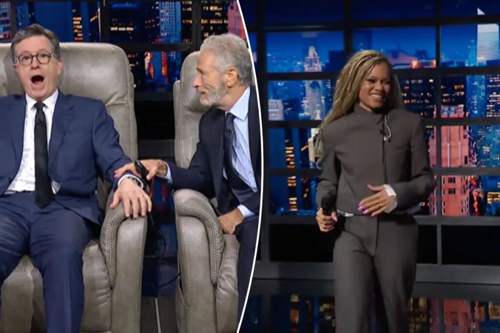 Jon Stewart surprises Stephen Colbert with a surprise serenade from Andra Day
