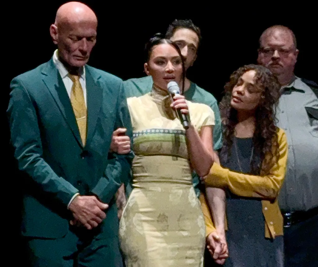 Nick Yarris, Kim Kardashian, and Tessa Thompson onstage during the curtain call for 