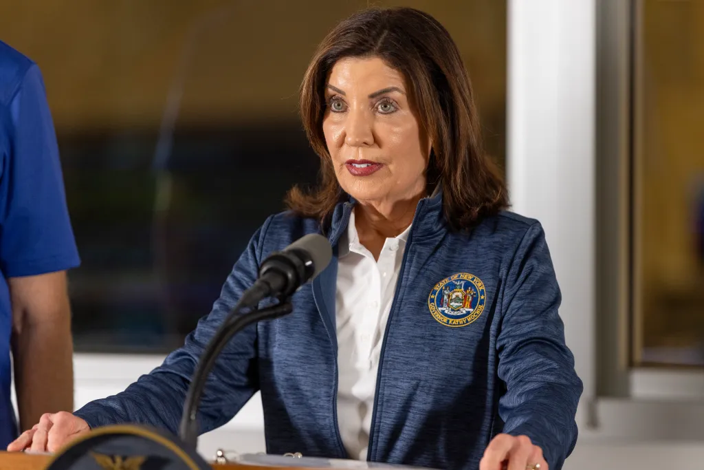 New York Governor Kathy Hochul speaking at a press conference.