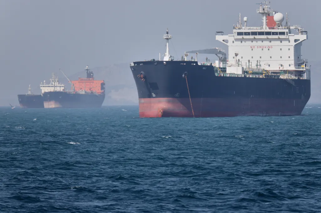 Oil tankers anchored in the Strait of Hormuz.