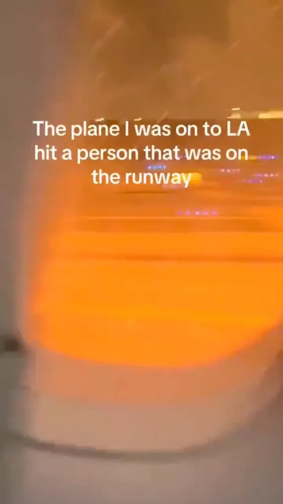 Video from a plane window shows an engine on fire and text indicating a person was hit on the runway.