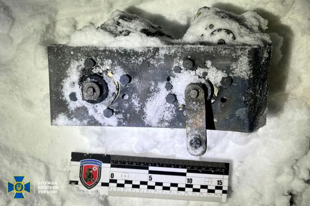 A part of the Russian nuclear-capable hypersonic Oreshnik missile system on snow.