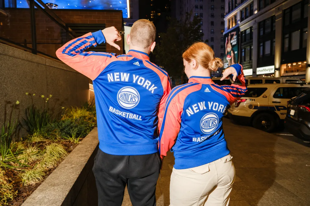 Patrick Franuszkiewicz, 18, and Danda Zayachuk, 21, in matching Adidas Knicks jackets.