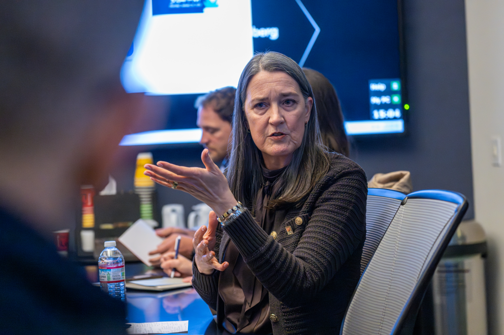 Patti Poppe, CEO of PG&E Corp., gestures while speaking during an interview.