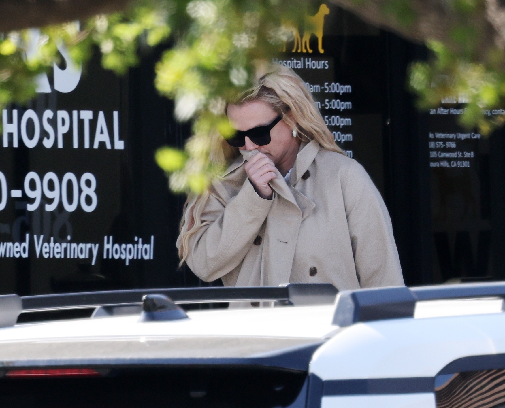 Britney Spears leaving Paw Works pet store in Thousand Oaks, California, wearing sunglasses and a trench coat.