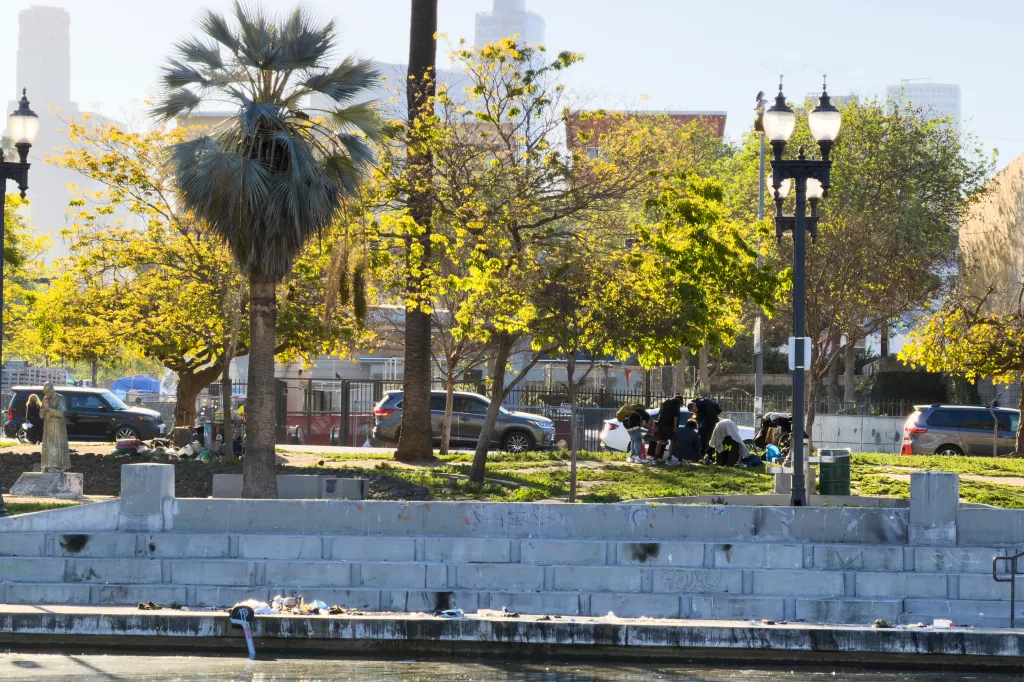 People gathered at MacArthur Park in Los Angeles.