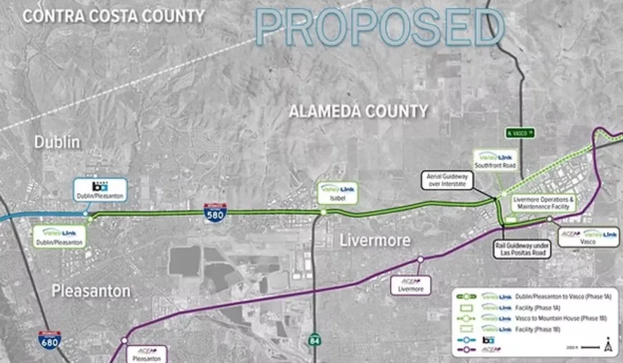 Illustration of the proposed Valley Link alignment for Phase 1A in the Dublin/Pleasanton and Livermore areas.