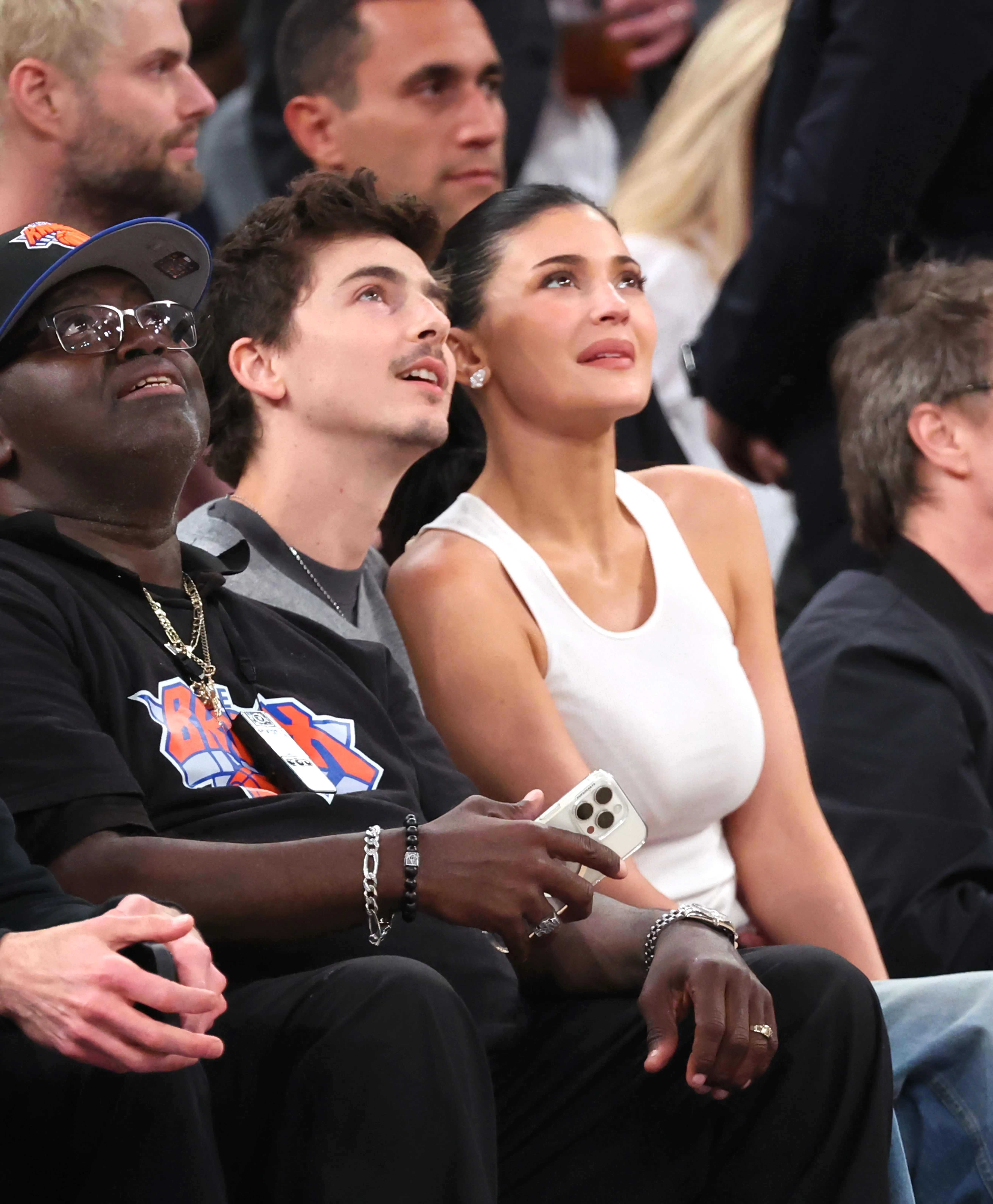 Timothée Chalamet and Kylie Jenner watching the NBA Playoffs.