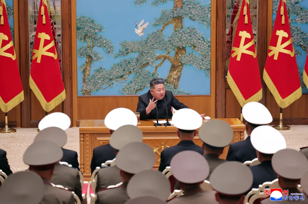 North Korean leader Kim Jong Un (top C) speaking on key military issues during a meeting of commanding officers of the divisions and brigades of the entire army at the Party Central Committee headquarters in Pyongyang.