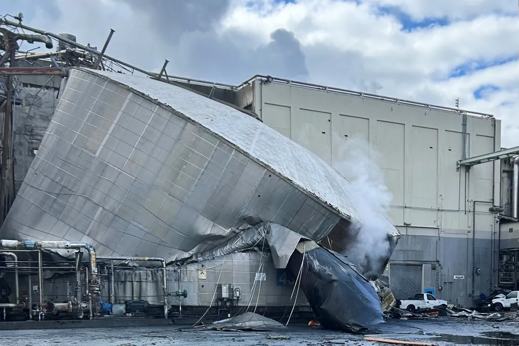 A ruined vat that imploded on May 26, 2026, at a paper mill in Longview Washington. 