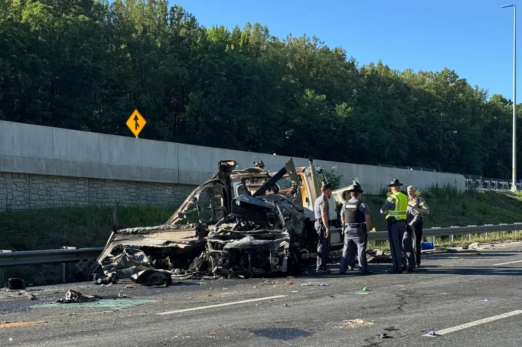 Virginia State Police at the scene of a fatal bus accident on Interstate 95.