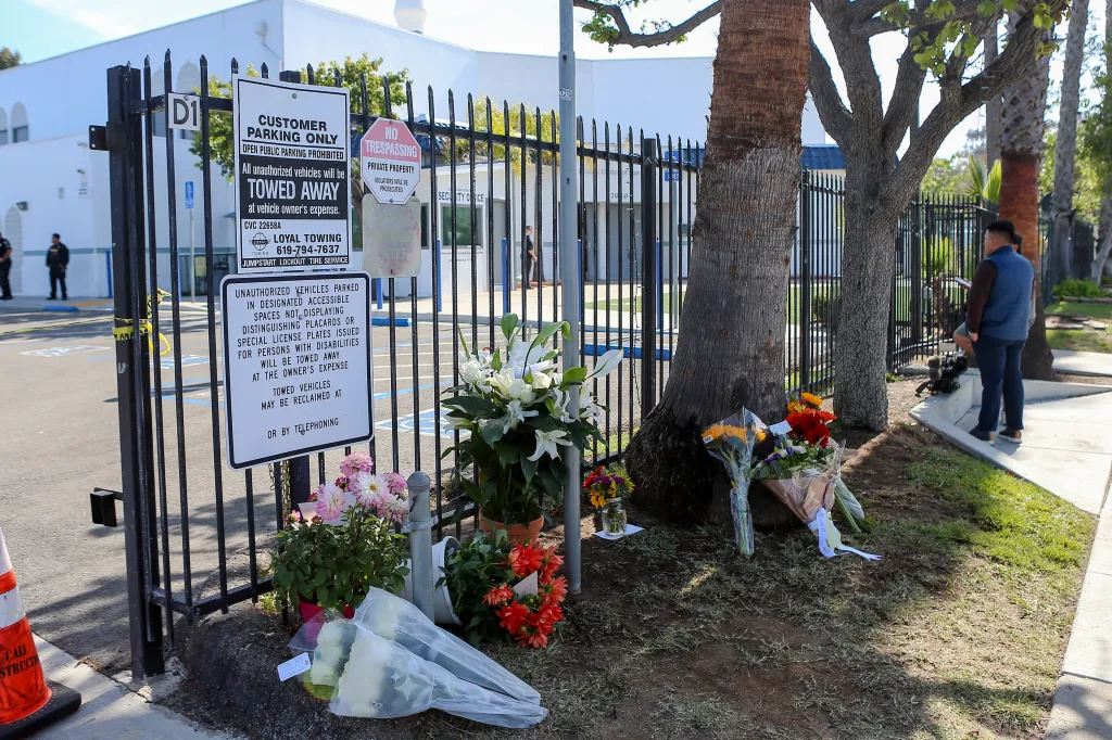 Memorial flowers and bouquets outside a mosque in San Diego.