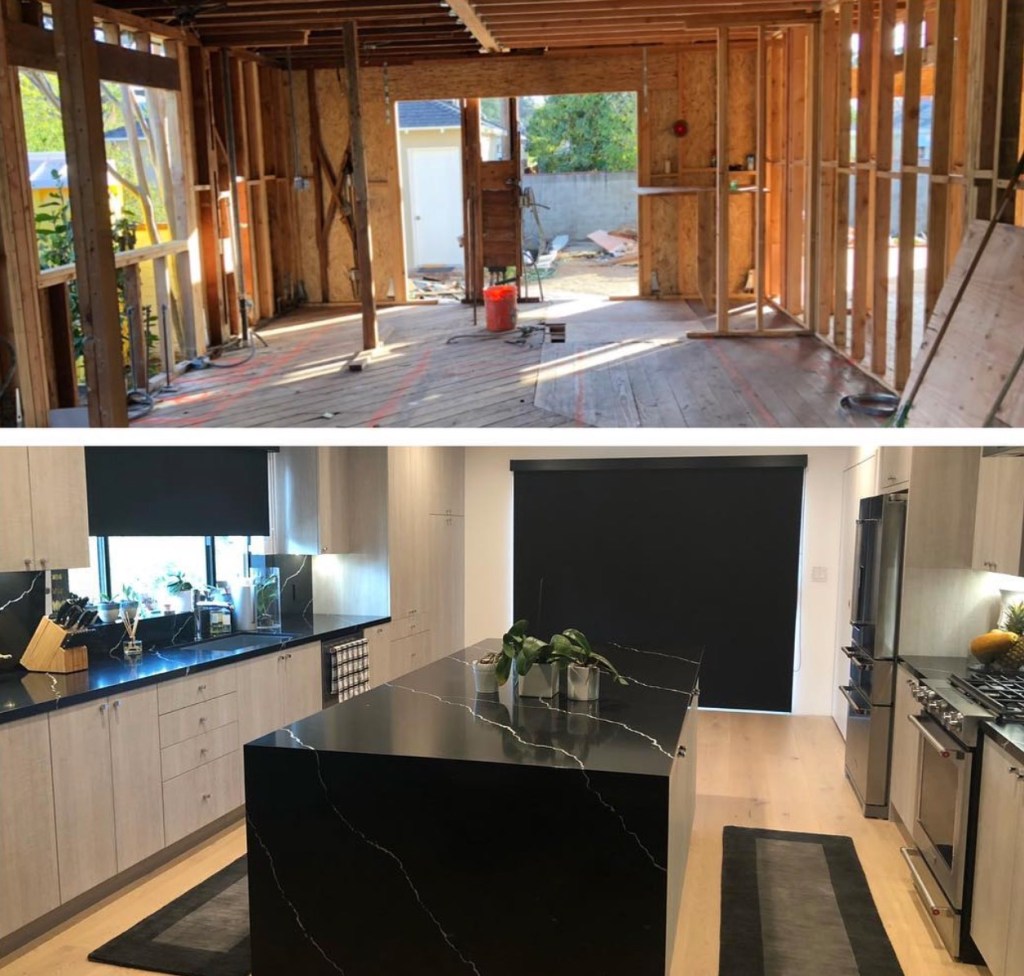 Collage of a kitchen under renovation and a renovated kitchen.