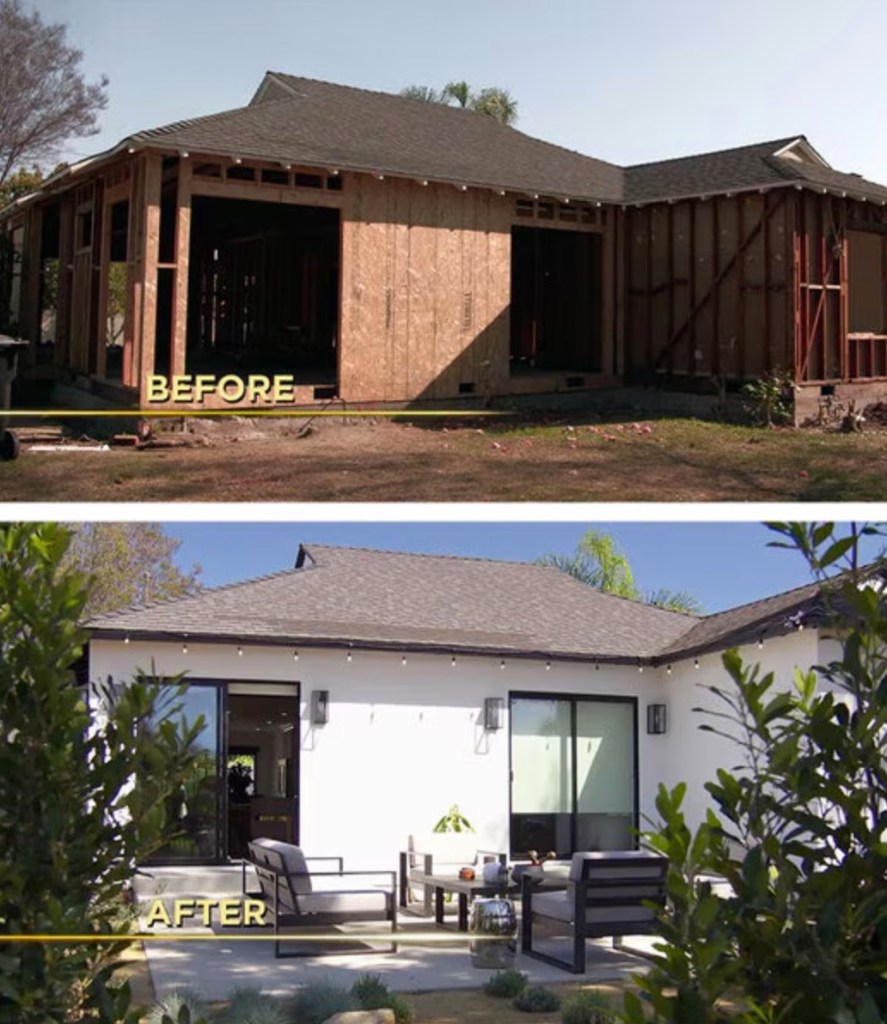 Collage of a house under construction and the same house fully renovated with an outdoor patio.