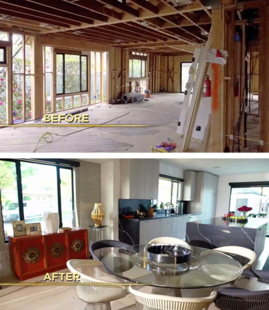 Collage of a before and after image showing Reza Farahan's renovated home.