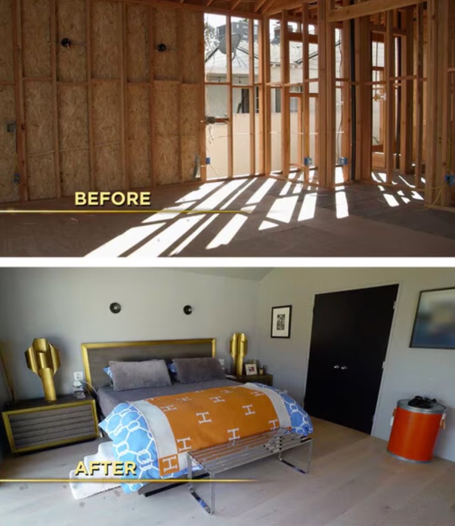Collage of a before and after image showing a room under construction versus a completed bedroom.