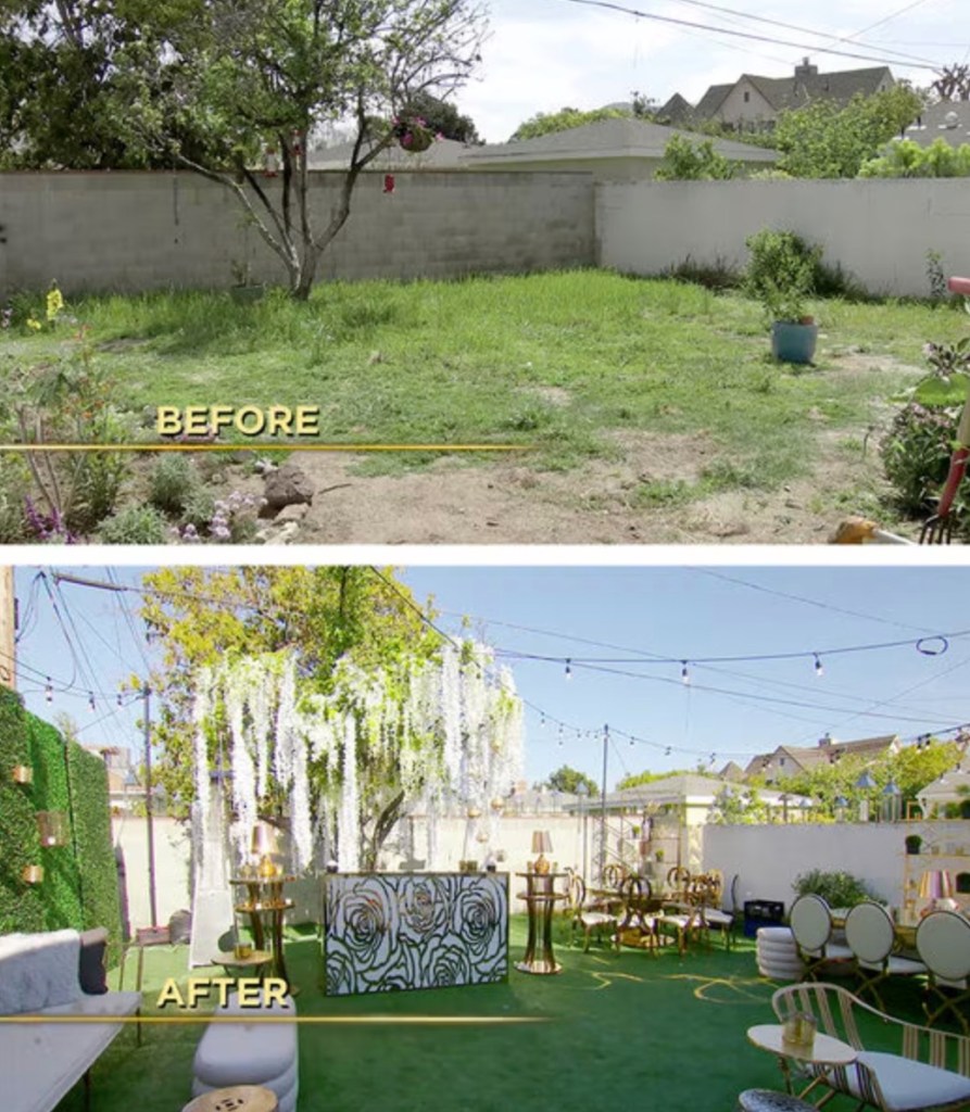 Collage of a before and after renovation of a backyard.