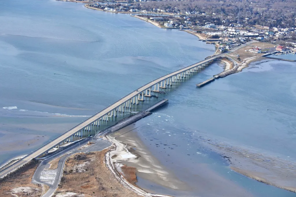 Aerial view of Ponquogue Bridge over Shinnecock Bay, Long Island, New York.