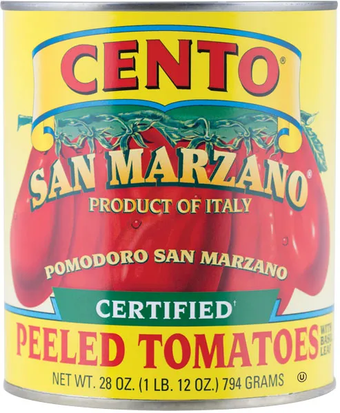 A Cento San Marzano Peeled Tomatoes can, 28 oz.