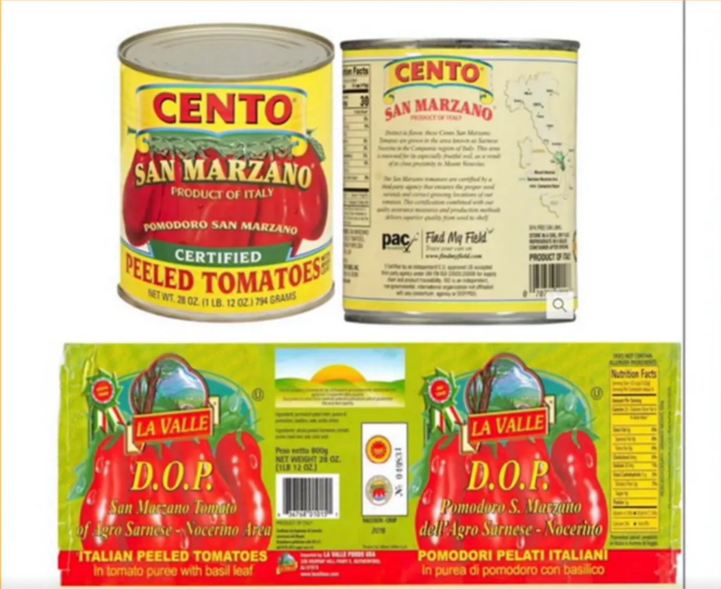 Collage of Cento San Marzano Peeled Tomatoes can and La Valle D.O.P. San Marzano Tomato label.