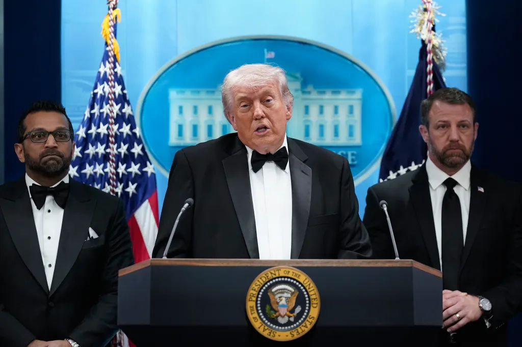 Trump speaks in the James Brady Press Briefing Room at the White House after an unspecified threat at the annual White House Correspondents' Association Dinner in Washington, Saturday, April 25, 2026,