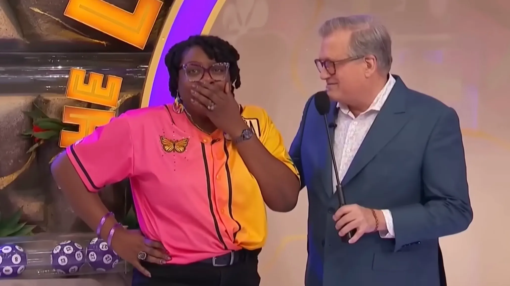 Contestant Vanessa with host Drew Carey on The Price Is Right.
