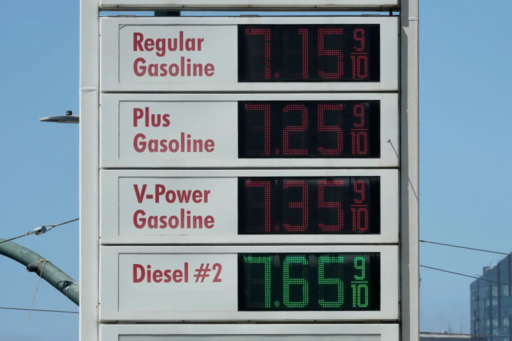 Gasoline prices displayed on a sign at a gas station: Regular for $7.15, Plus for $7.25, V-Power for $7.35, and Diesel for $7.65.