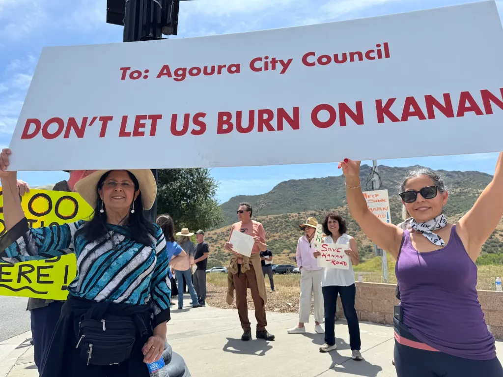 Protestors on Kanan Road in Agoura Hills hold signs opposing a state housing plan due to fire danger.