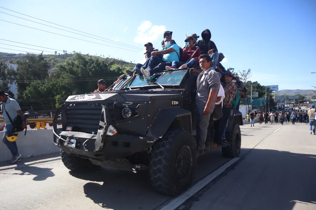 Protesters drive on a highway with a hijacked armored police car in Mexico, Chilpancingo on July 11, 2023.