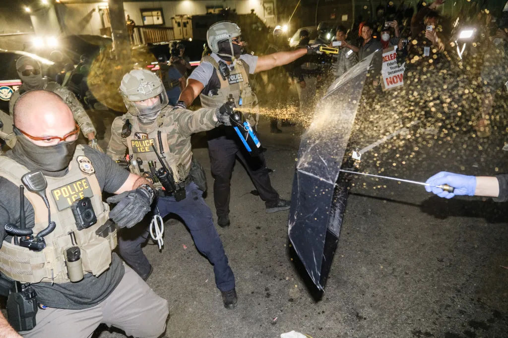 ICE officers spray what appears to be pepper spray or tear gas at protesters outside of Delaney Hall in Newark, New Jersey.