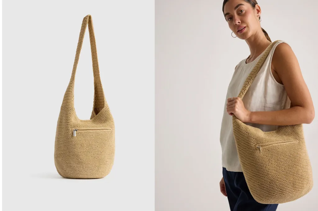 Collage of a tan crochet hobo bag on a white background and a model wearing the bag.