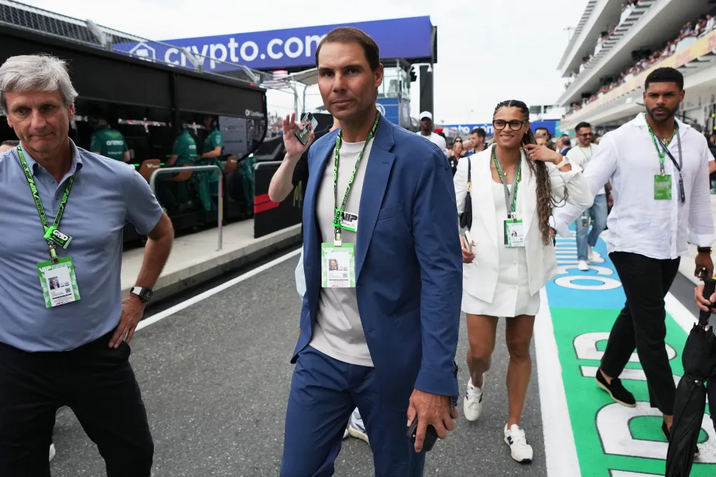 Rafael Nadal walks in the paddock during the Miami Formula One Grand Prix auto race.
