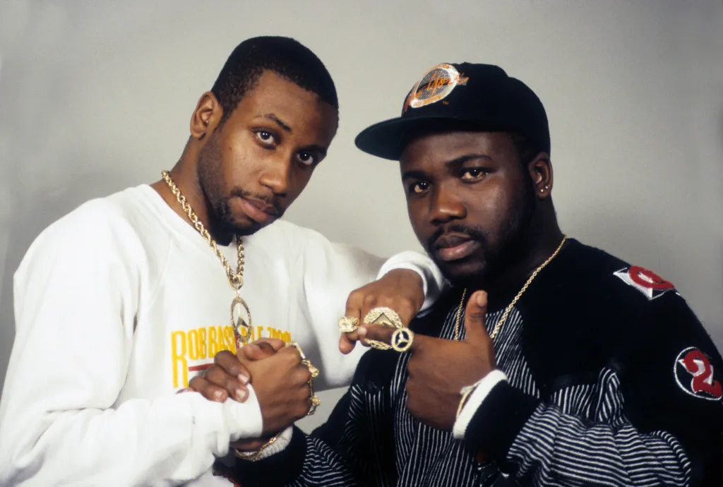 Rapper Rob Base and DJ E-Z Rock posing for a portrait.