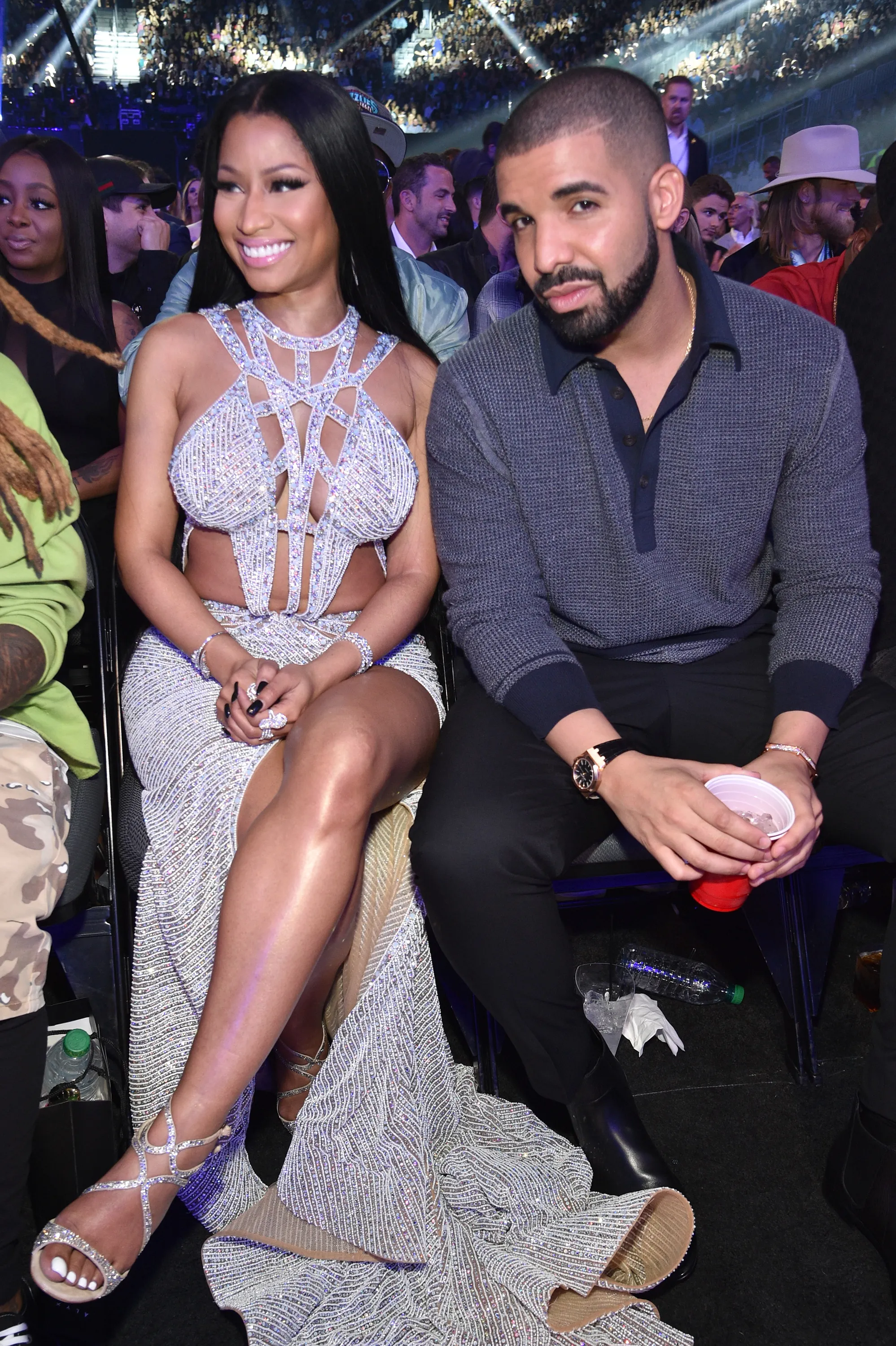 Nicki Minaj and Drake sitting at the 2017 Billboard Music Awards.