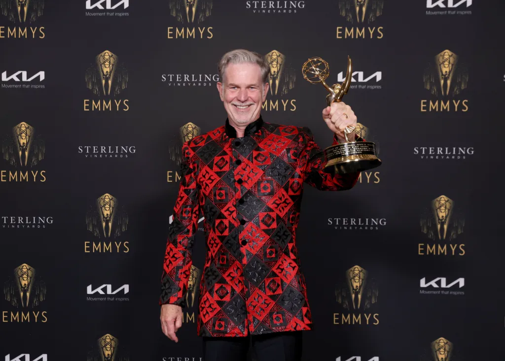 Reed Hastings of Netflix holds his Engineering Emmy at the 73rd Engineering Emmy Awards.