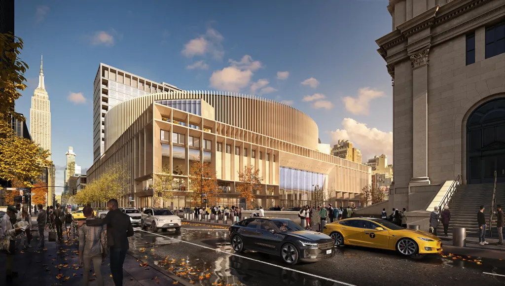 Illustration of the Penn Station redesign around Madison Square Garden, with the Empire State Building visible in the background.