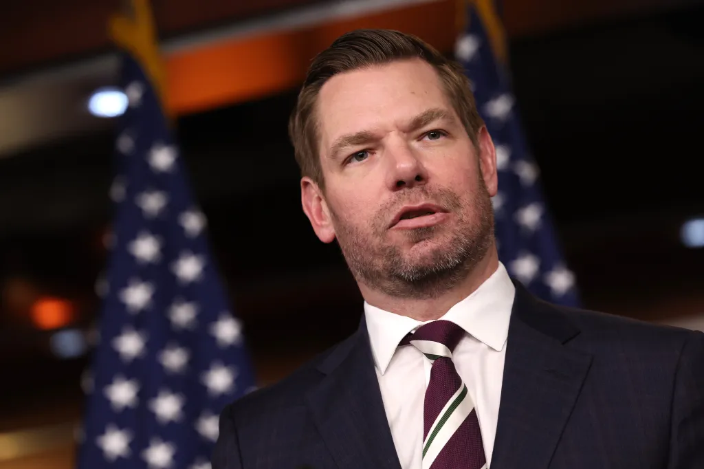 Rep. Eric Swalwell speaking at a press conference.