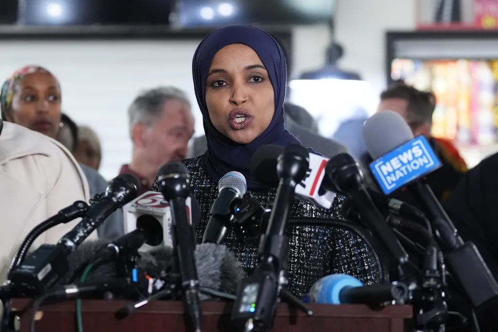 Rep. Ilhan Omar speaking at a news conference.