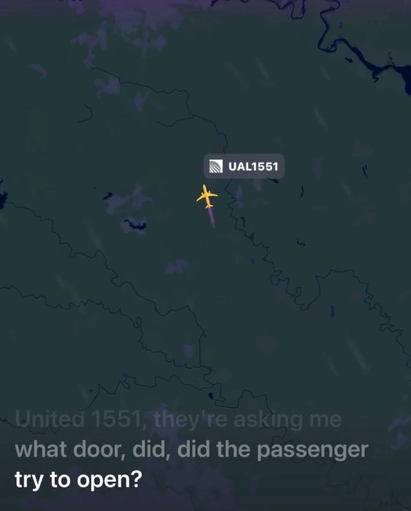 Illustration of a flight tracker map showing UAL1551 and a caption about a passenger trying to open a plane door.
