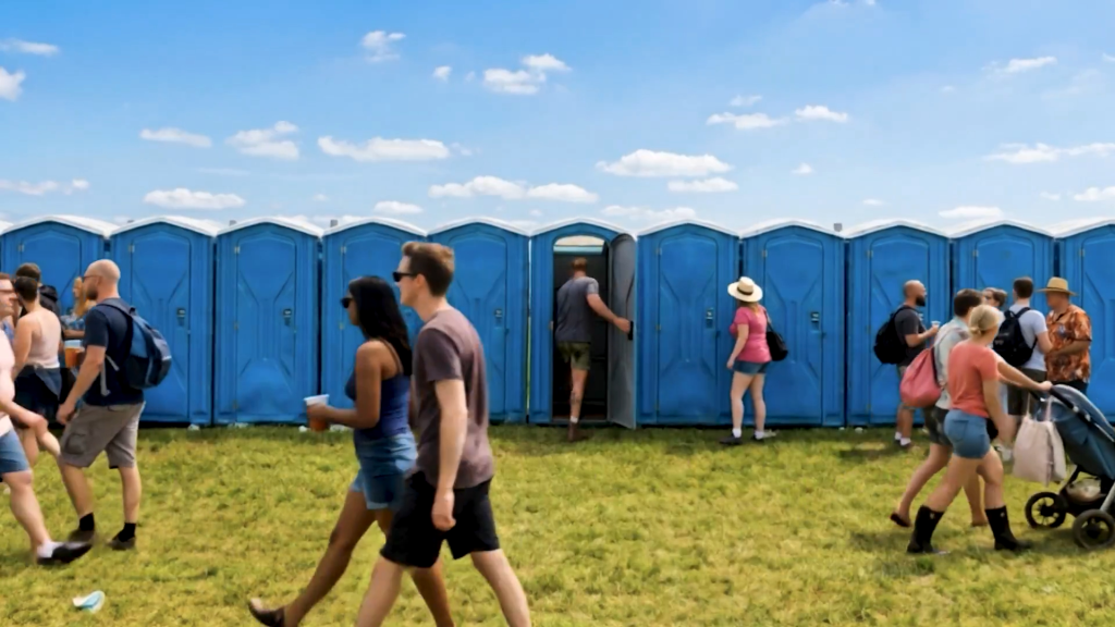 People walking by a row of blue porta potties.