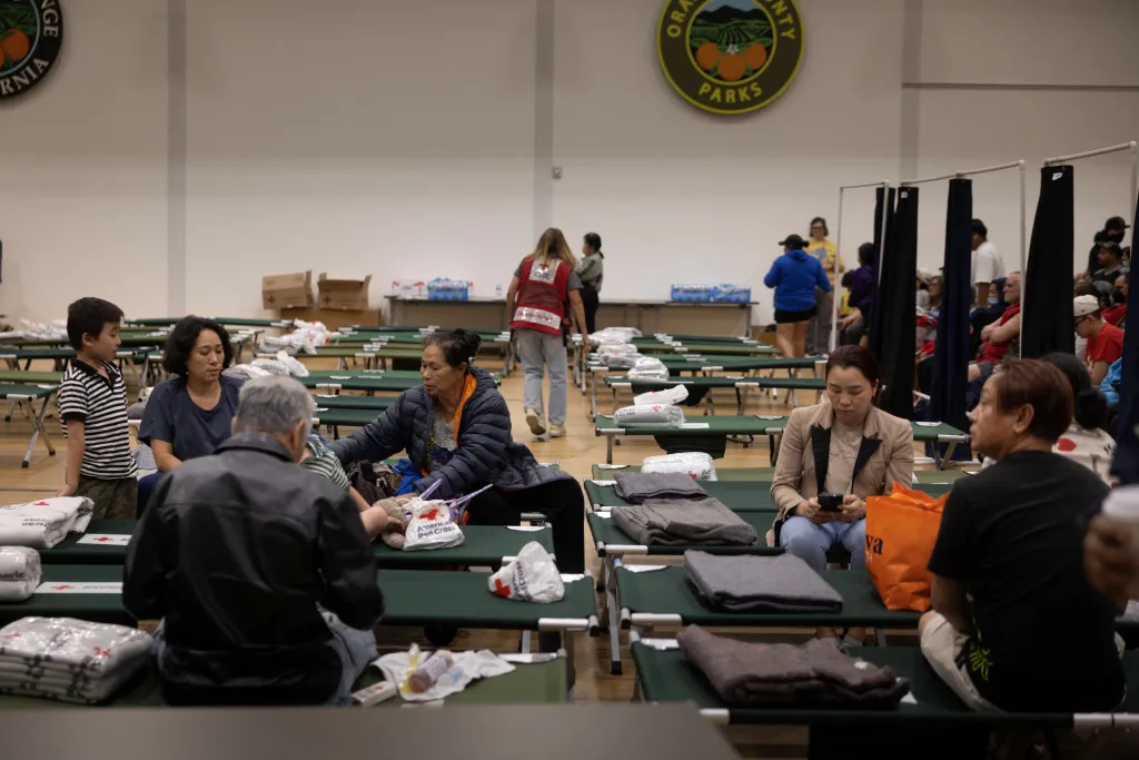 Evacuees at a temporary shelter in Fountain Valley, California.