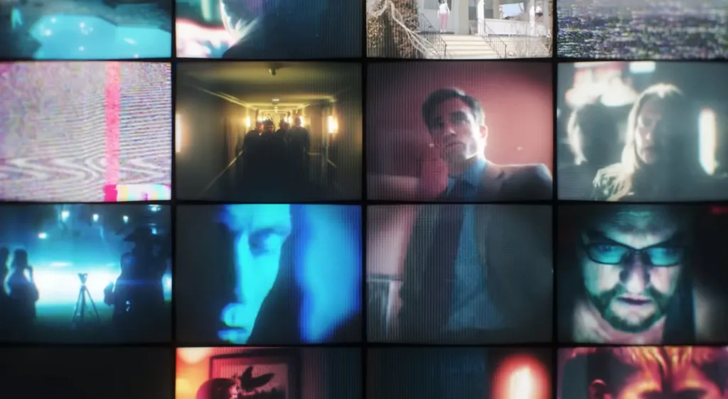 Collage of multiple video screens with surveillance footage showing various scenes and people.
