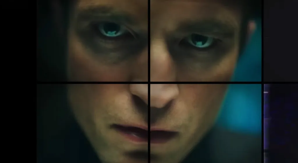 Close-up of Robert Pattinson's face, divided into four quadrants, with glowing blue eyes.
