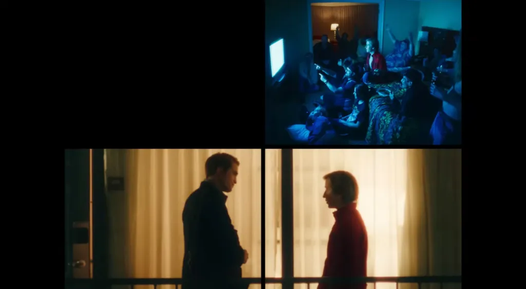 Collage of two images, one of a group of people watching TV in a dark room and the other of two men facing each other.