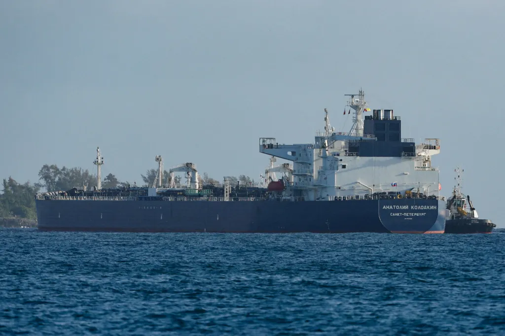 A Russian-flagged oil tanker travels through Matanzas Bay, Cuba, on May 31, 2026.